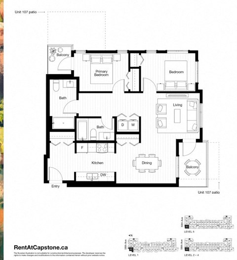 A black and white image of a floor plan for a unit at 107 patio.